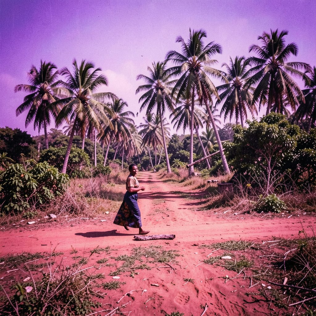 A documentary-style photograph of a Pacific island village setting with traditional thatched structures and palm trees under a wide sky, showing everyday community life.